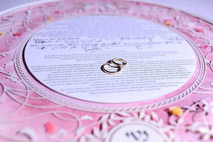 A close-up shot of a Ketubah with elegant calligraphy, emphasizing the beauty and intricacy of this handwritten art form.