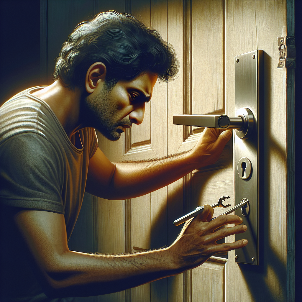 תמונה של אדם מנסה לפתוח דלת עם מנעול תקול, מבטיא תסכול או בלבול.